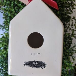 Rae Dunn  ceramic Birdhouse nest eggs Icon Nest Red Ribbon